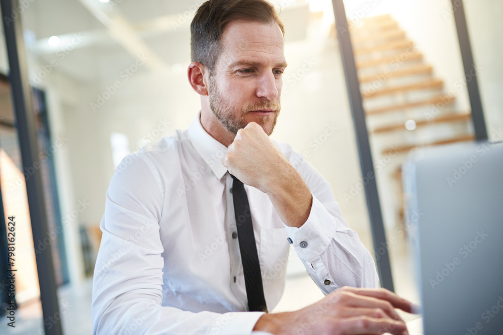 Poster man, thinking and working in office with laptop and internet, idea or planning with web mail. male p
