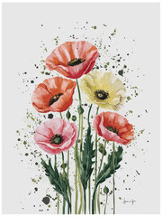 Watercolor poppies on a solid backdrop are vibrant and dynamic