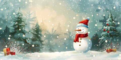 Fototapeta premium b'Snowy forest with snowman and Christmas trees'