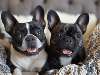 Adorable French Bulldogs: Happy Duo with Black and White Fur