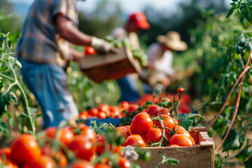 group working together pick tomatoes field harvest boxes baskets ground