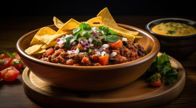 a bowl of chili with chips and salsa