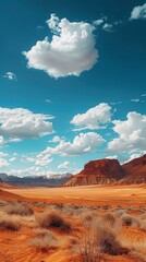 b'Large red rock formations in the desert with a large white cloud above them'