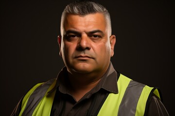 b'Portrait of a male security guard in a yellow reflective vest'