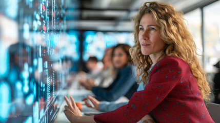 Professional Woman Working at High-Tech Transparent Monitor in Modern Office