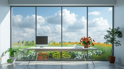Modern home office with large windows overlooking a beautiful field of flowers