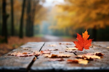 b'Solitary red maple leaf on a wooden table in an autumn park'