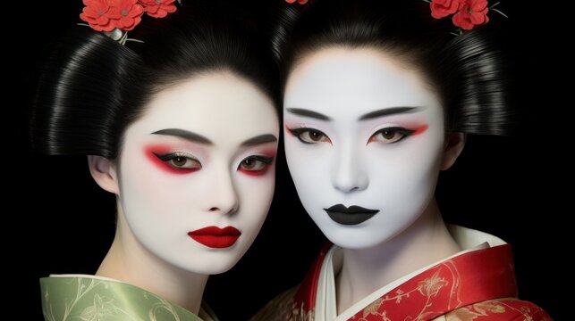 two women with white face paint and red lipstick