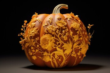 a carved pumpkin with a floral design - obrazy, fototapety, plakaty
