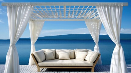 a couch on a deck overlooking a body of water - obrazy, fototapety, plakaty