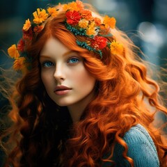 a woman with red hair and flowers in her hair - obrazy, fototapety, plakaty