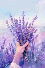 Hand with a bouquet of lavender on the background of a lavender field - obrazy, fototapety, plakaty