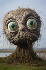 a statue of a tree with large eyes