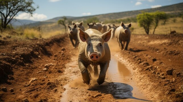 b'A group of muddy pigs running in a muddy field'
