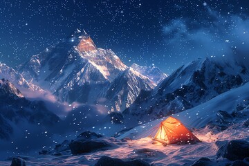 A mountain climber's tent is set up on a snowy mountainside. The climber is looking out at the view of the starry night sky.