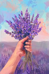 Hand with a bouquet of lavender against the background of a lavender field and blue-pink sky - obrazy, fototapety, plakaty
