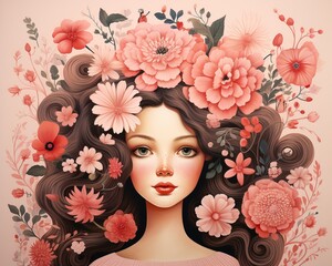 Folk art lady, botanical hairstyle, blush pink canvas, sweet nostalgia ,  illustrative image rendered in a flat graphic style - obrazy, fototapety, plakaty