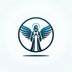 Minimalist Monochrome Angel Logo with Text Placeholder in Blue - obrazy, fototapety, plakaty