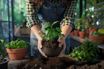 A girl in denim overalls and a plaid shirt transplants a plant from one pot to another
