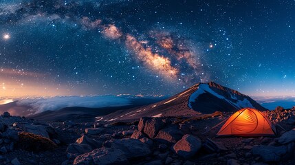 A beautiful landscape of a mountain range under a starry night sky. There is a tent on the mountainside. - obrazy, fototapety, plakaty