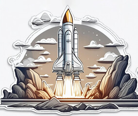 Space shuttle launch, cartoon illustration.