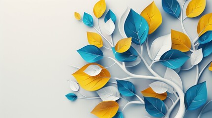 Fototapeta premium White tree branch with yellow, blue and white leaves on a white background