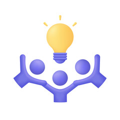 3D Business community with light bulb. People with creative idea. Meeting group, partnership concept. Trendy and modern vector in 3d style