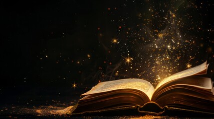 Mystery open book with shining light. Fantasy book with magic light and stars on a table with black background and copy space