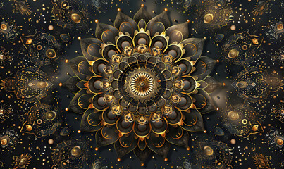 A detailed golden floral mandala with intricate patterns on a navy backdrop. Generate AI