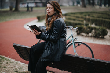 Young, attractive businesswoman in an elegant leather jacket seated outdoors, holding a planner in...