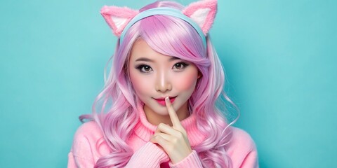 Beautiful Asian Anime woman in cosplay costume, front of wall with space for text