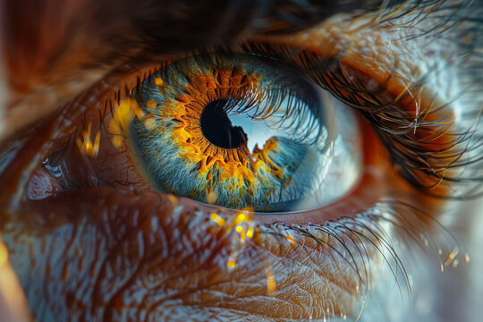 hyperrealistic macro photograph of an eye revealing the fiery colors of the iris