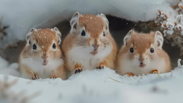 A lemming family explores a frosty terrain filled with icy flora. Concept Winter wonderland, Lemming family, Frosty terrain, Icy flora, Explore