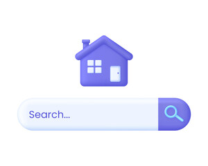 3D Search house. Search for real estate, home to buy, property for sale concept. Trendy and modern vector in 3D style