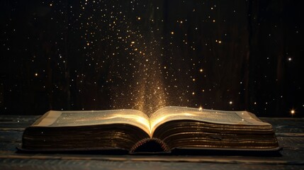 Mystery open book with shining light. Fantasy book with magic light and stars on a table with black background and copy space