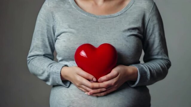 Future young mother holding a red heart near her pregnant belly. The concept of pregnancy, motherhood, preparation and expectation 