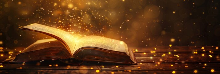 Mystery open book with shining light. Fantasy book with magic light and stars on a table with gold background and copy space