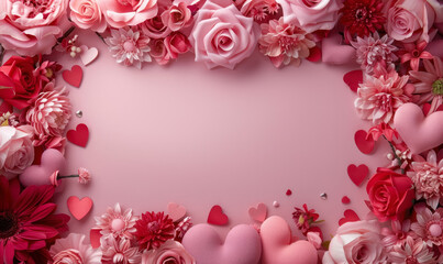 romantic valentine's and mother's day backdrop with an assortment of pink flowers and love hearts