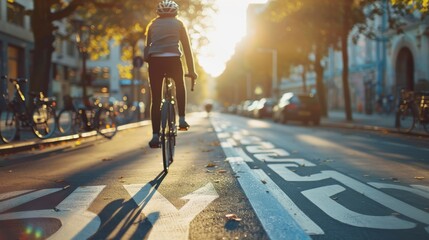 A woman is riding a bicycle down a street - obrazy, fototapety, plakaty