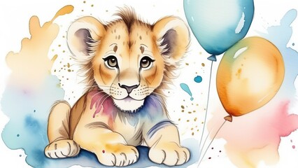 watercolor illustration of lion cub with balloons on white background,birthday greeting concept, wallpaper for children's room, for invitation, card, sticker and banner.