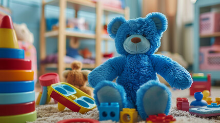 A playful blue teddy bear sitting among a pile of building blocks stacking rings and shape sorters engaging in tactile exploration and fine motor skill development in a colorful and inviting playroom.