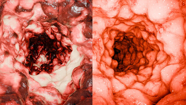 Colorectal cancer, malignant tumor in intestine, Endoscope inside colonoscopy, gut intestine, Colon polyp removal, inflammatory bowel Disease,  intestinal carcinoma, bowel neoplasia, 3d render