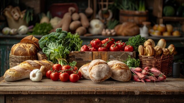 Rustic kitchen scene with an array of fresh vegetables and bread, including ripe tomatoes, radishes, and crusty loaves, on a wooden table.