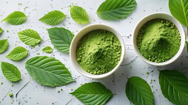 Mockup of kratom leaves and matcha tea on white background. Concept Photography, Product Mockup, Kratom Leaves, Matcha Tea, White Background