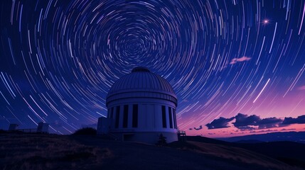 Astronomy observatory at night with star trails
