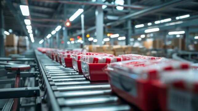 A conveyor belt with red boxes on it