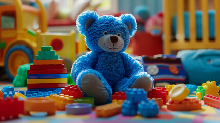 A playful blue teddy bear sitting among a pile of building blocks stacking rings and shape sorters engaging in tactile exploration and fine motor skill development in a colorful and inviting playroom.
