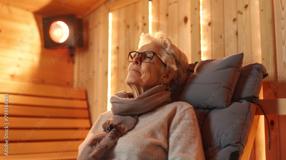 Aufkleber a person of advanced age finding relief from stiffness and joint pain while using an infrared sauna 