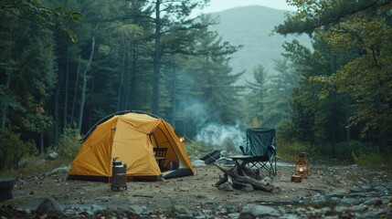 A yellow tent is set up in the woods with a chair and a fire pit