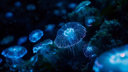 Bioluminescent organisms in a dark ocean environment